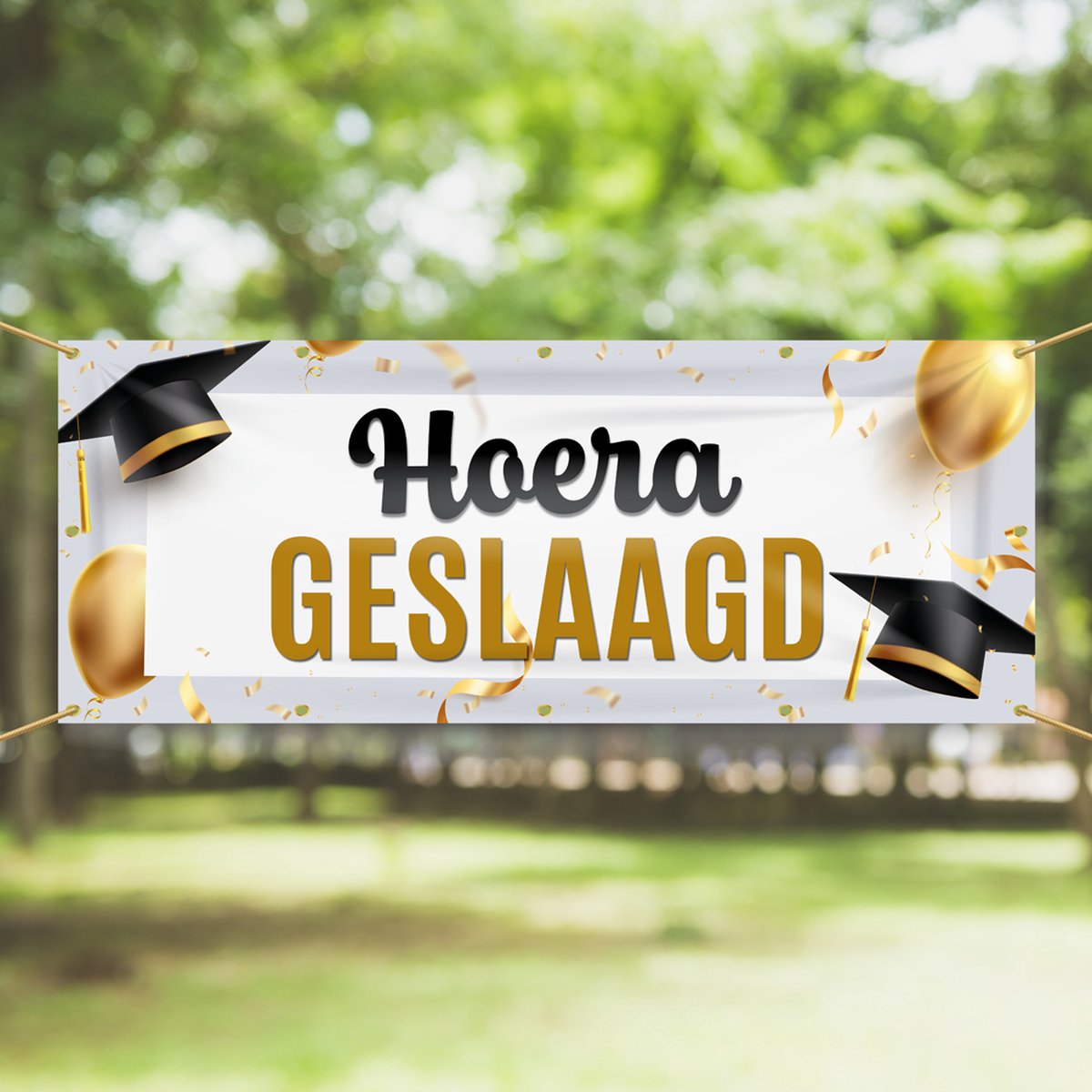 Spandoek | Vlag | Hoera Geslaagd! | 150 x 50 cm | Afstudeerpet | Academic cap | Geslaagd versiering | Feestversiering | Rijbewijs | Eindexamen | Diploma | Thuisstudie